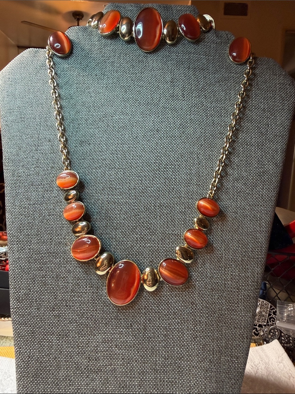 Gold-Tone Red Agate Statement Necklace, Bracelet Set and earrings set